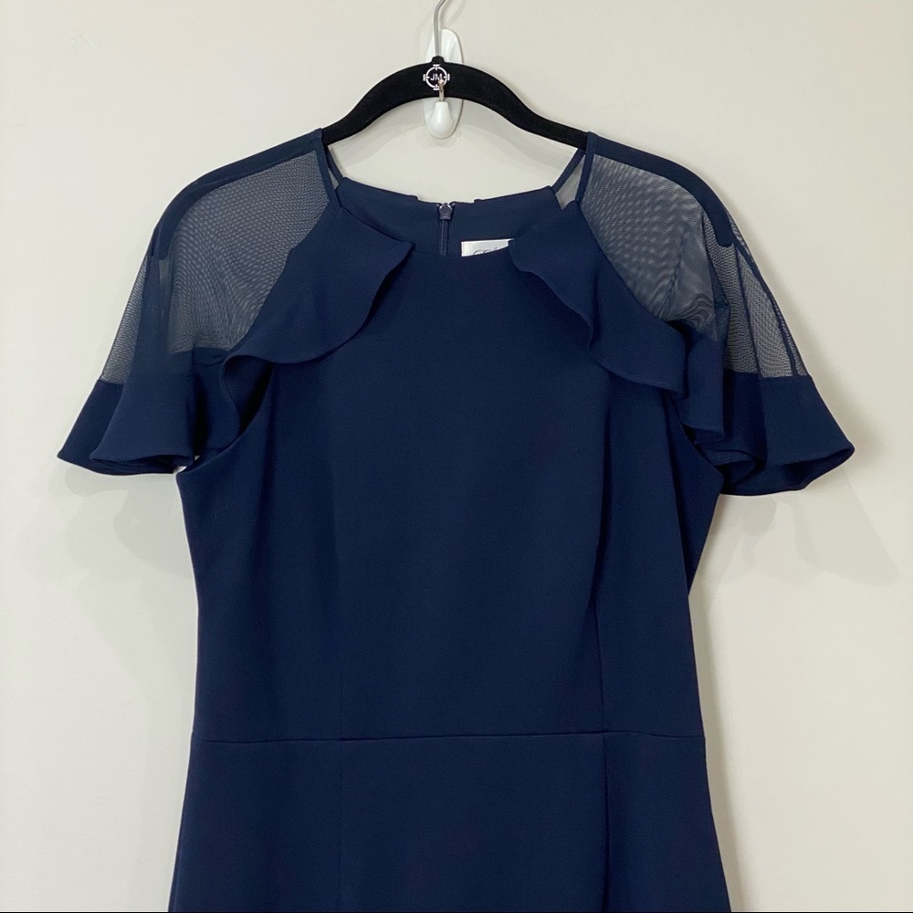 Eliza J Ruffle Shoulder Cocktail Dress Navy Scuba Crepe Wedding Evening Party - Picture 9 of 14
